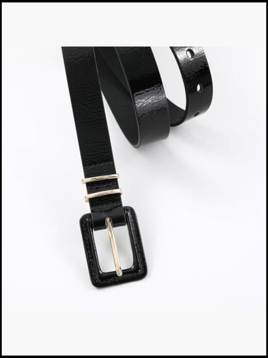 Patent Leather Belt with Square Buckle Gold Accents Adjustable Skinny